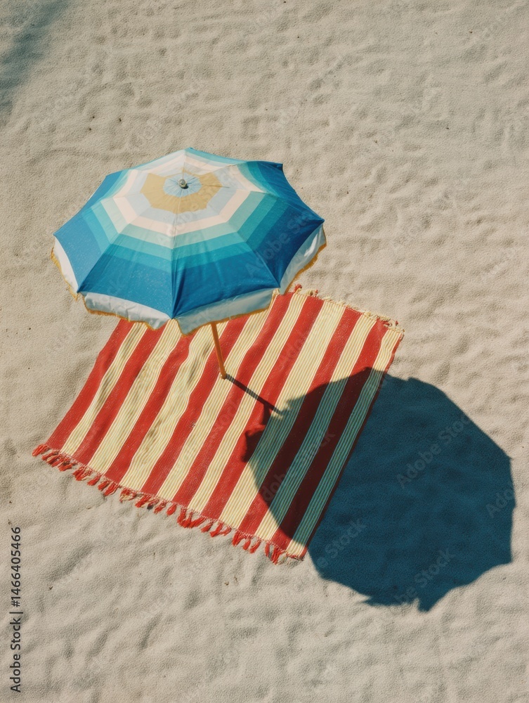 Aufkleber colorful beach umbrella casting shadow on striped towel on sandy shore during sunny day generative a
