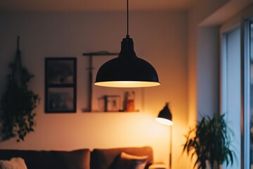 Stylish black ceiling light in cozy white room, glowing warmly