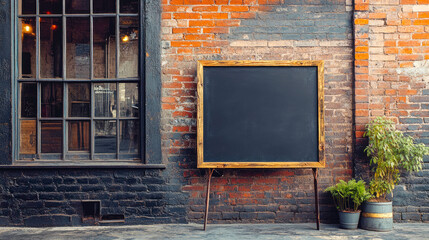 Industrial-style metal sandwich board stands blank beside a brick wall at a craft brewery entrance, inviting creativity in a hip neighborhood. Ideal for announcements or menus