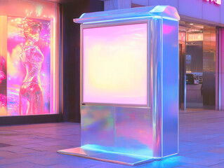 A holographic digital kiosk stands with a large blank screen outside a modern cinema at night. Movie posters illuminate the background