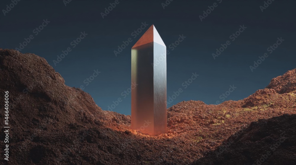Poster tall, obelisk-shaped object standing in the middle of a rocky landscape. the object appears to be ma