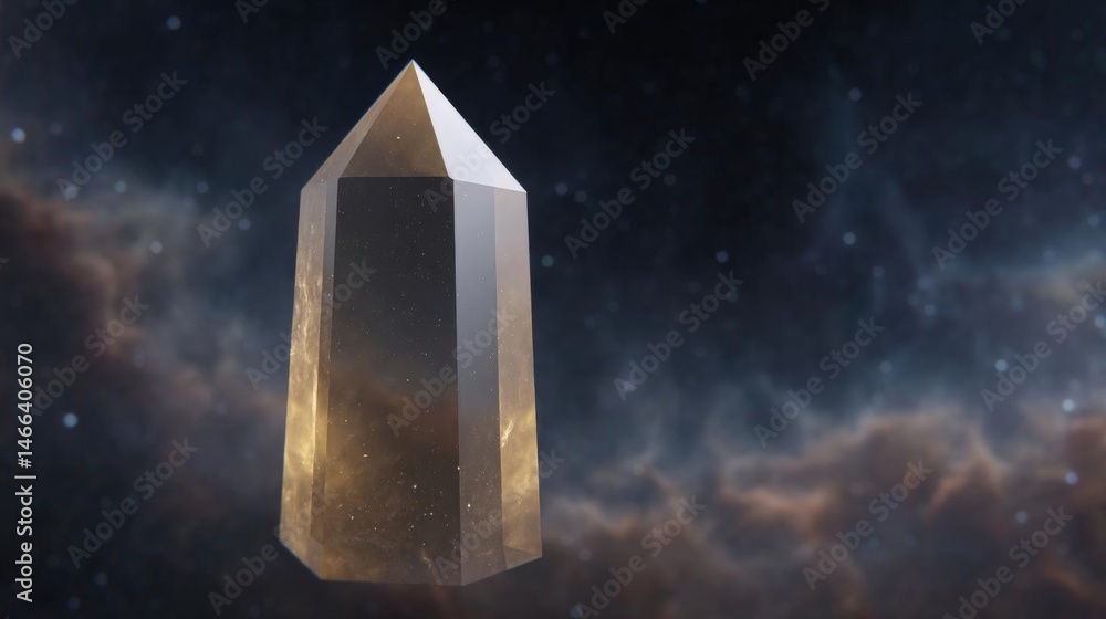 Poster 3d rendering of a crystal point in the center of a starry night sky. the crystal point is tall and s