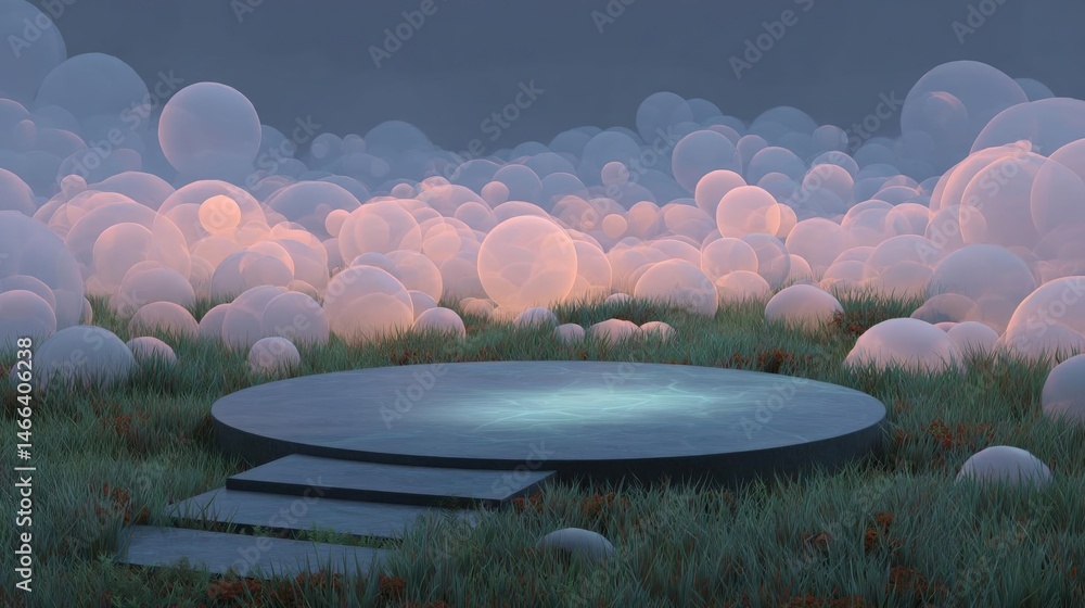 Poster circular platform in the middle of a grassy field. the platform is made of concrete and has a blue-g