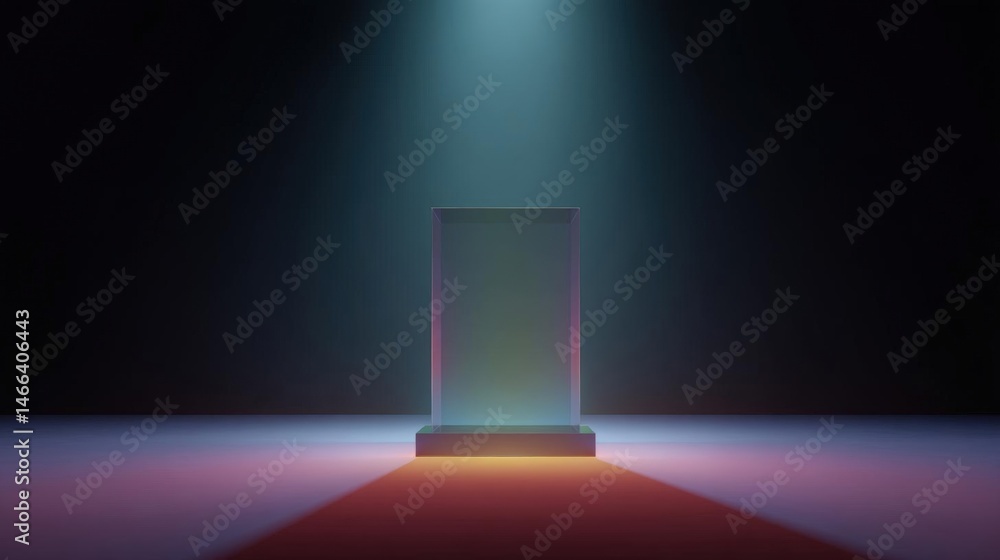 Aufkleber rectangular glass podium on a red carpeted floor in a dark room. the podium is illuminated by a sing