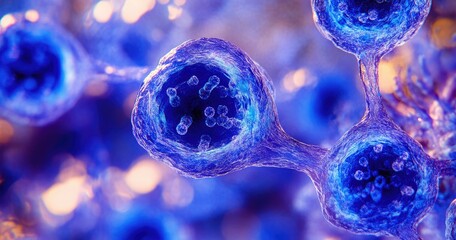 Highly detailed blue cell structures connect, forming complex organic link under a vibrant microscope