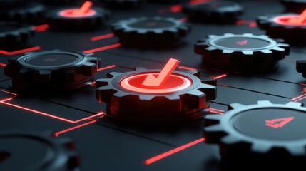 Networked gears with illuminated checkmark depicting system validation and blockchain verification concept for secure digital transactions