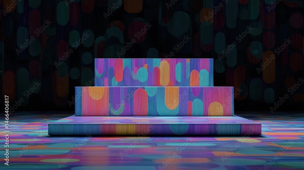 Poster stage with a colorful abstract design. the stage is made up of three tiers, each with a different co