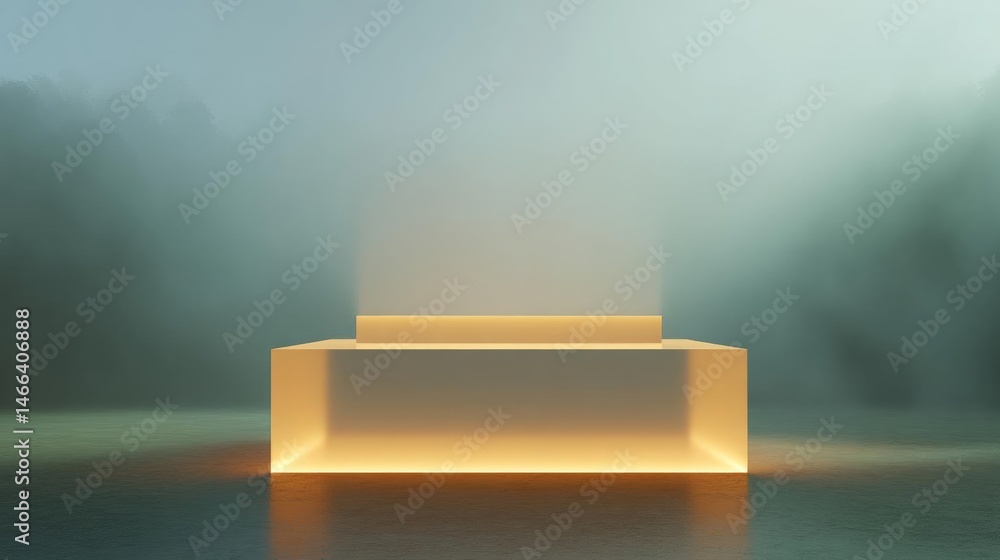 Poster rectangular platform or podium in the middle of a foggy landscape. the platform is lit up with a war