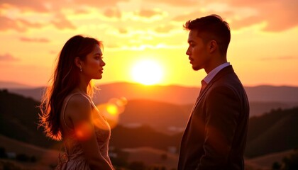 a romantic sunset scene featuring a couple standing close to each other with the sunset silhouetting them against the sky.