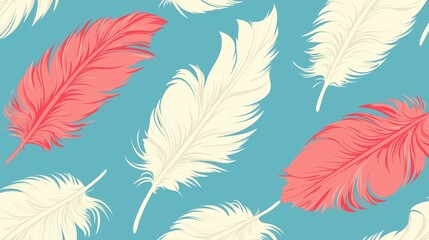 Elegant seamless pattern showcases light pink and white feathers floating gently against a serene turquoise background, creating a soft, airy, and whical feel.
