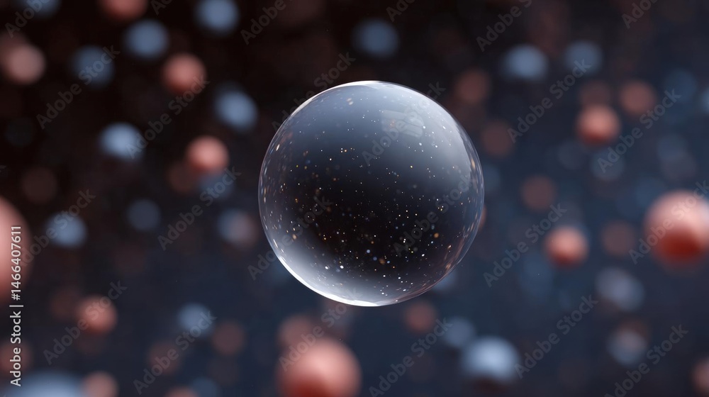 Poster close-up of a spherical object, which appears to be a sphere or a ball, floating in the air. the sph