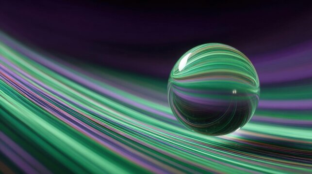 Digital art piece that appears to be a sphere or a sphere of some kind. the sphere is spherical in shape and is made up of multiple layers of different colors, including green, purple, and blue.