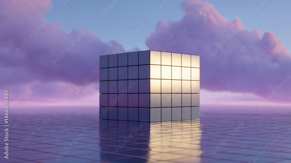 Poster 3d rendering of a cube in the middle of a vast expanse of water.