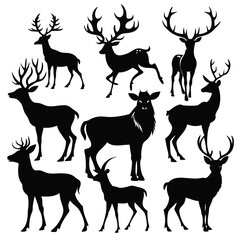 a set of graphic black silhouettes depicting various poses of wild deer.