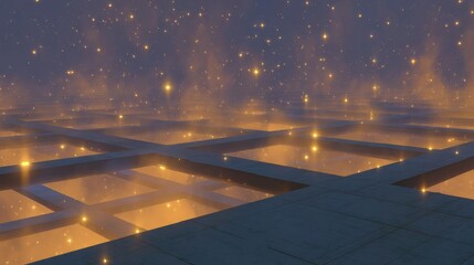 Fototapeta premium 3d rendering of a futuristic cityscape at night. the sky is filled with stars and the city is lit up with a warm orange glow.