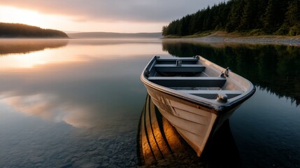 Calm morning on a serene lake, a small boat rests peacefully at the water's edge