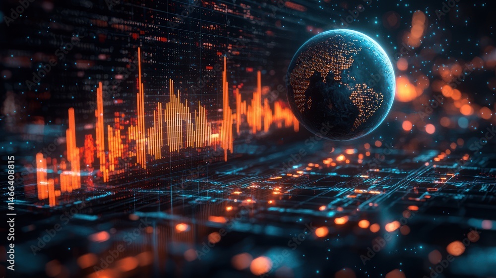 Poster global network data visualization with earth and stock market charts.