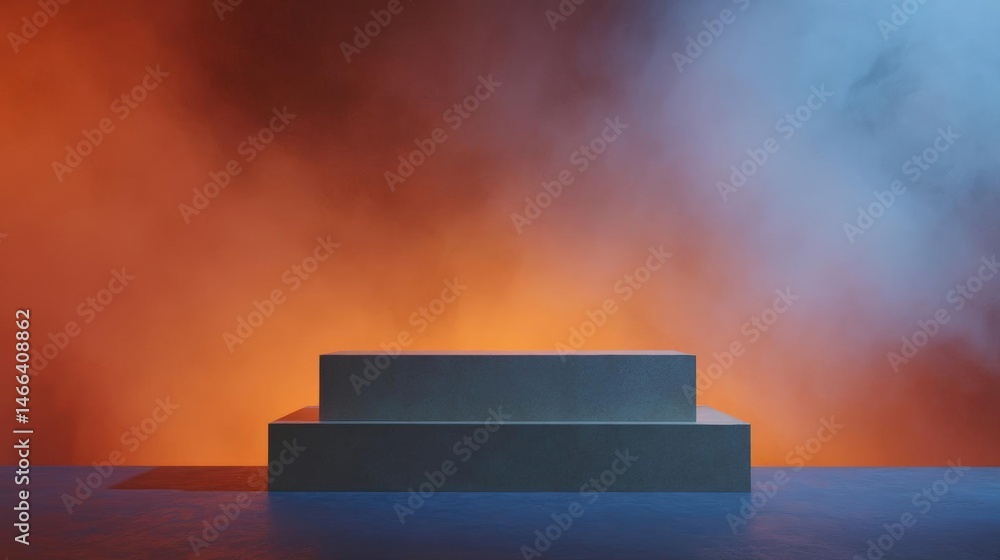 Poster 3d rendering of a stage with a podium in the center. the podium is made of a dark grey material and 
