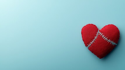A red fabric heart with blue stitches sits on a light blue background, symbolizing healing and emotional recovery.