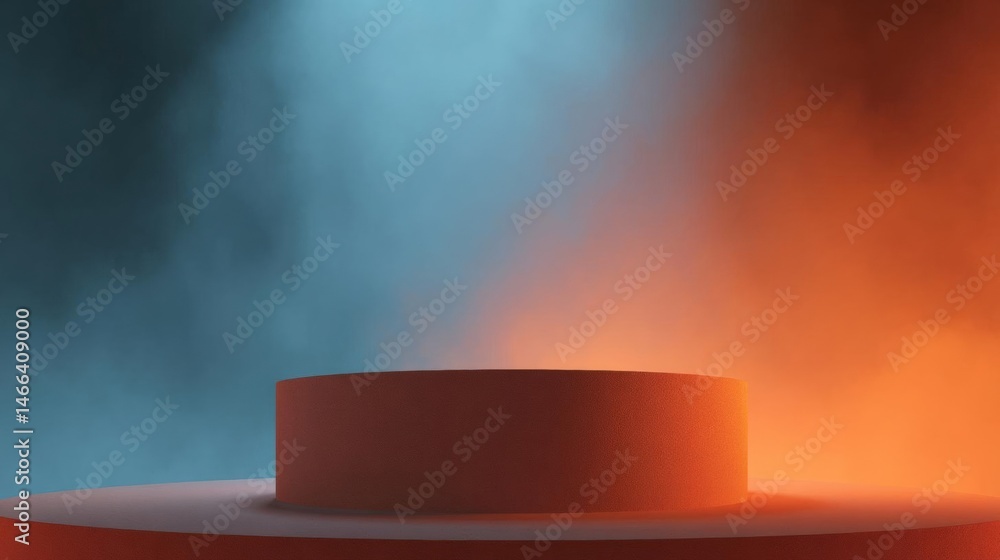 Poster 3d rendering of a podium or podium with a round base. the background is a gradient of blue and orang