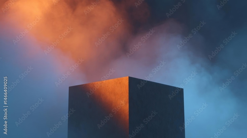 Poster photograph of a tall, rectangular structure with a dark blue background. the structure appears to be