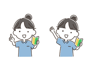 初心者マークを持っているスクラブ姿の女性セット（指差し・エイエイオー）