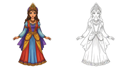 Enchanting Royal Gown: A captivating illustration depicts a regal woman in an ornate gown, complemented by a detailed outline. An ode to elegance and classic style.