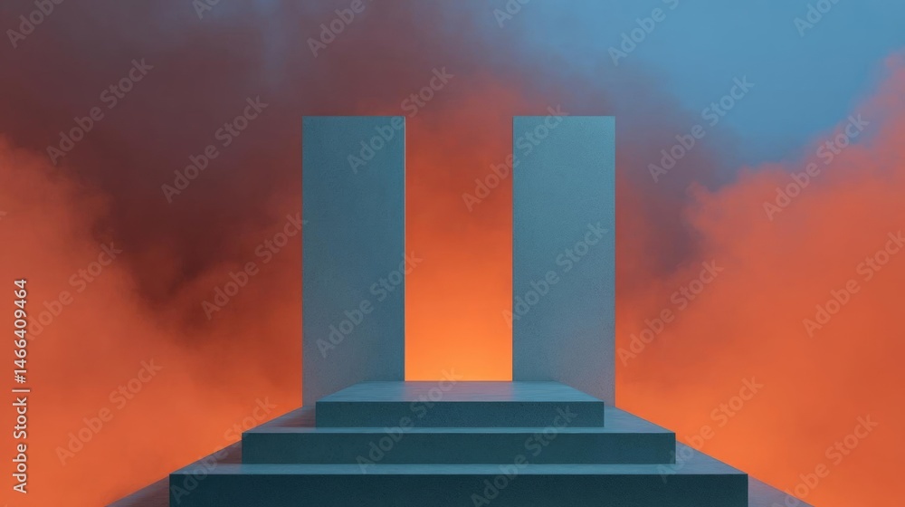 Poster 3d rendering of a stage with two tall pillars on either side. the pillars are blue in color and are 