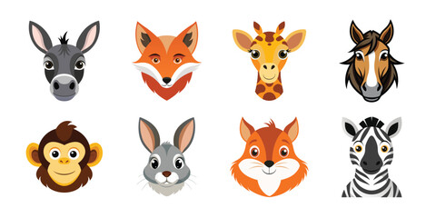 Obraz premium set of funny cartoon animals face and head on white background