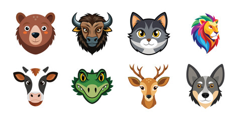 set of animals face on white background