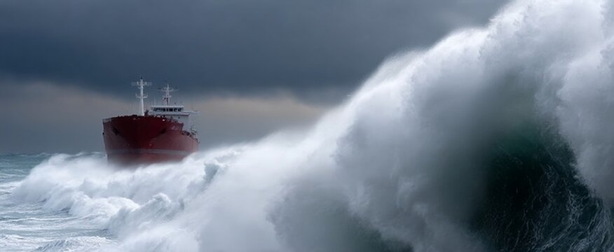 Cargo ship battling huge waves in a storm - Powered by Adobe