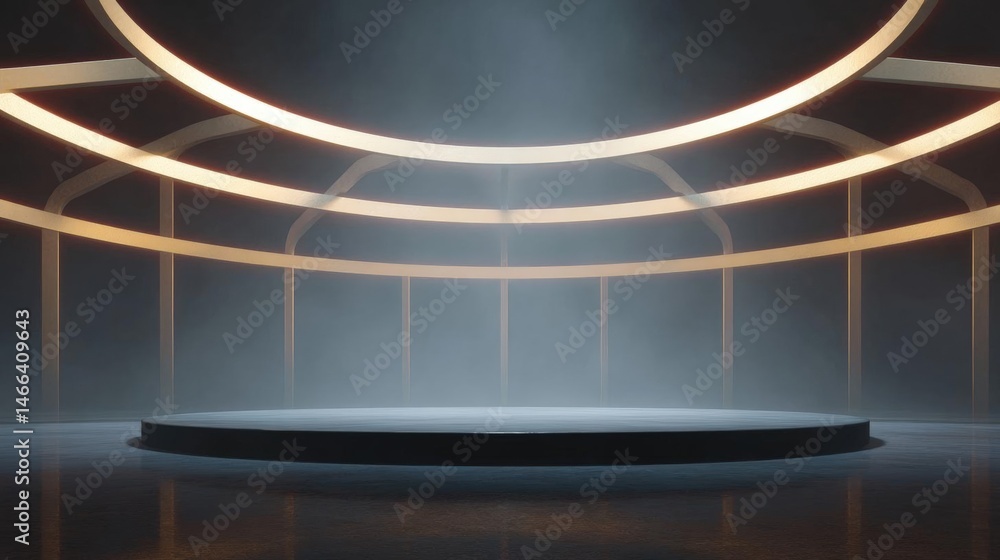 Poster empty stage with a circular platform in the center. the platform is black and appears to be made of 