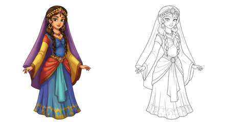 A Fantasy Princess Character Coloring Page:  This captivating artwork features a charming fantasy princess character. She is adorned in a vibrant, intricate gown.