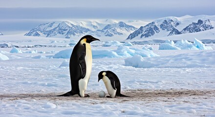 An Emperor Penguin Pair Taking Turns Incubating Their Egg on the Icy Antarctic Terrain
