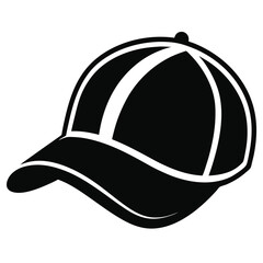 Black baseball cap with white outlines is shown on a white background