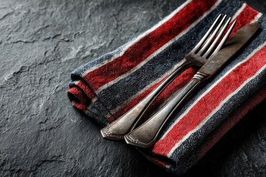 Table setting: A captivating image featuring a silverware set, meticulously arranged on a classic, striped napkin, against a rustic backdrop. A visual feast! - Powered by Adobe