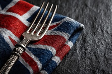 British Feast Presentation: An elegant silver fork rests on a Union Jack-patterned napkin, against a textured, dark stone surface, evoking a sense of traditional dining, national pride.