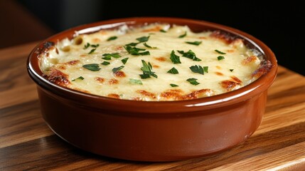 a brown bowl of food sitting on a wooden table