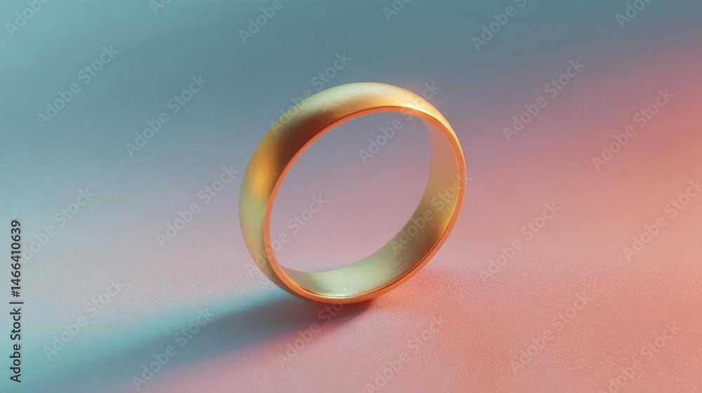 Poster 3d rendering of a gold ring on a pastel pink and blue background. the ring is in the center of the i