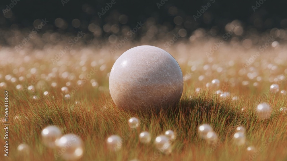 Poster single white sphere lying on a bed of golden grass. the sphere appears to be spherical in shape and 
