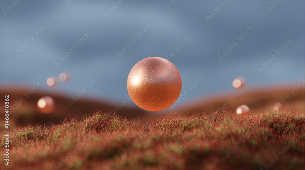 Poster digital illustration of a sphere in the center of a field of red grass. the sphere is spherical and 