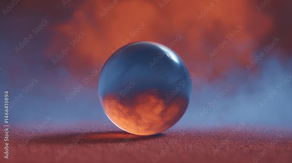 Poster close-up of a sphere on a red surface. the sphere is spherical and appears to be made of glass or a 