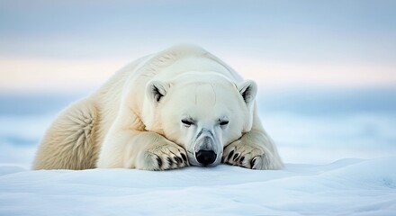 Naklejka premium Cute Close-up of Polar Bear Face Tucked Into Paws, Dozing on Frosty White Ice Under Arctic Sky