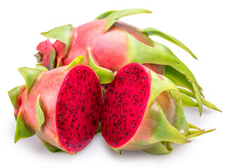 Dragon fruit and dragon fruit cut in half isolated on white background. File contains clipping paths.