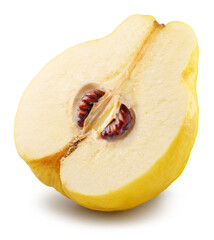 Longitudinal section of quince fruit with brown seeds isolated on white background. File contains clipping path.