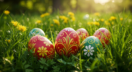 Springtime Easter Egg Hunt Colorful Decorated Eggs in Grass