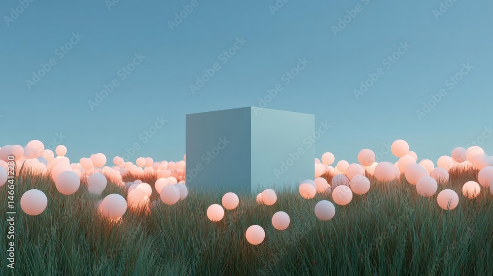 Poster field of tall green grass with a large white cube in the center. the cube is the focal point of the 