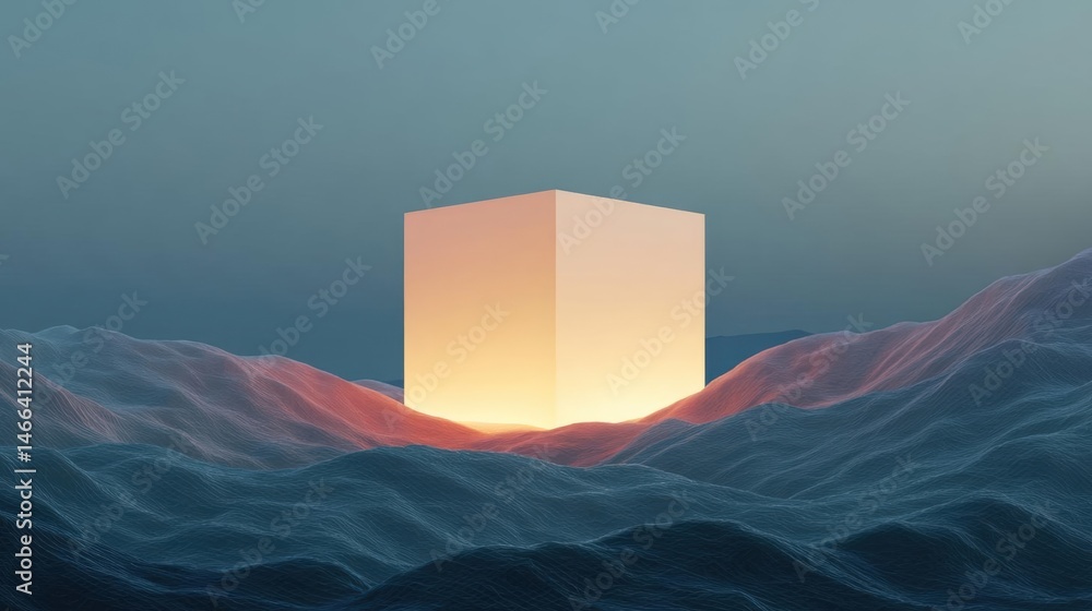 Poster digital illustration of a cube in the middle of a vast landscape. the cube is white and is positione