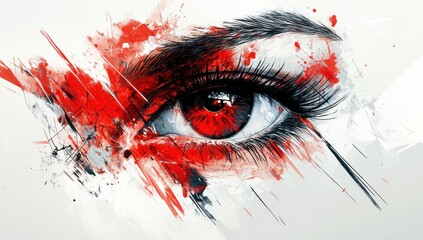 Close-up abstract eye with vibrant red splashes