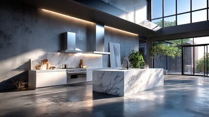 Modern kitchen with marble island stainless steel appliances white cabinetry textured grey wall natural light